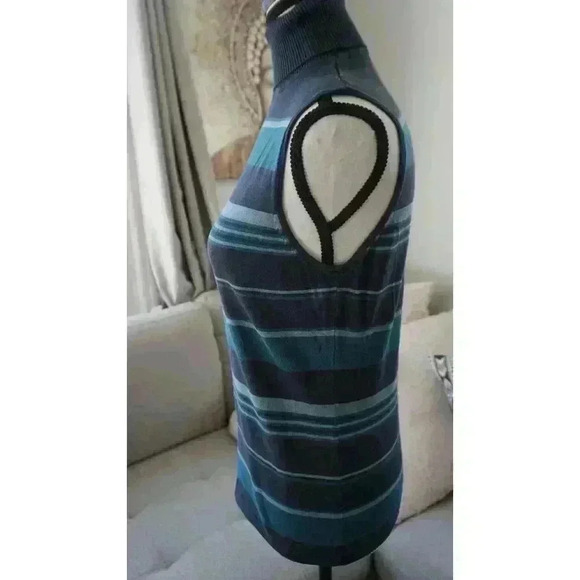 Rafaella Sleeveless Turtleneck Sweater - Striped Pattern in Blue & Gray, Size M - Picture 4 of 13